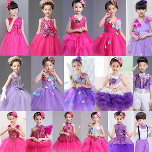 六一儿童演出服蓬蓬纱裙女幼儿园亮片舞蹈表演服玫红色紫色公主裙