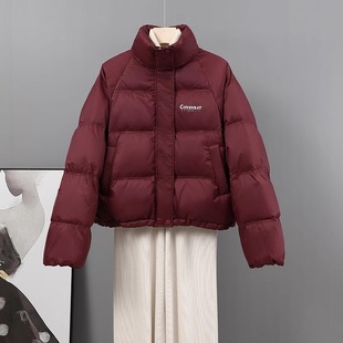 2023冬季酒红色羽绒服女短款韩版立领白鸭绒面包服小个子外套