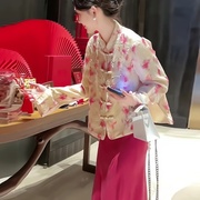 新中式国风时尚套装女春季2024高端精致盘扣上衣玫红裙两件套