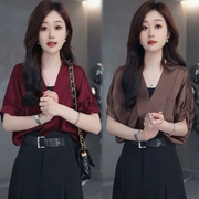 韩版时尚蝙蝠袖v领醋酸，缎面衬衣女，夏季薄款宽松减龄休闲气质上衣
