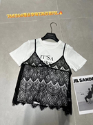 欧洲站2024夏季韩版短袖印花T恤女设计感蕾丝吊带两件套上衣