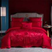 恒源祥新婚床上四件套大红中式刺绣婚庆60支全棉，床单1.5m被套枕套