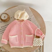 春秋季女童宝宝婴幼儿童衣服毛衣半镂空粉色针织棉纱长袖开衫外套