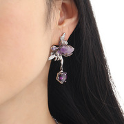 欧美重工不规则天然紫色水晶耳饰蝴蝶耳钉小众珍珠夸张大耳环耳坠