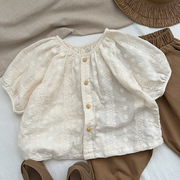 女童短袖上衣夏季儿童，可爱衬衫女宝宝小众，圆领森系刺绣娃娃衫
