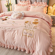 欧式床盖四件套夹棉床单简约刺绣花被套纯色1.8m床上用品四季通用