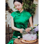 复古日记2023年夏季中式国风气质女装绿色旗袍连衣裙