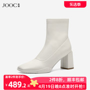 JOOC玖诗时装靴秋季欧美粗高跟女靴小众设计感百搭短筒靴6320