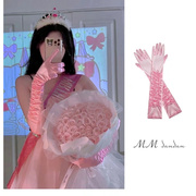粉色长款褶皱包指手套缎面，婚纱礼服舞台派对生日，拍照保暖手臂套袖