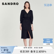 sandrooutlet女装修身时尚，高腰直筒开叉黑色，半身长裙sfpju00736