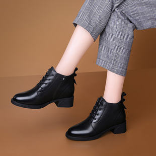 台湾红蜻蜓RD系带皮鞋女中年妈妈尖头鞋子2022春款深口粗跟厚