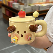 创意布丁狗陶瓷马克杯，带盖勺办公室咖啡杯家用可爱猪猪早餐牛奶杯