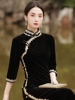 金丝绒旗袍秋冬弹力，黑色简约新中式秋款礼服日常可穿2023年妈