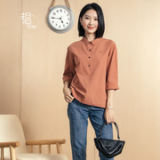 yun韫2023衬衫女气质通勤热情桔色纯棉纽扣，设计套头长袖女士衬衣