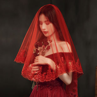 红盖头新娘红色头纱结婚纱，礼服秀禾服中式复古风，纱短款蕾丝旅拍照