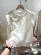 洋气米白色珍珠盘扣蕾丝钩花短袖飞袖雪纺衫女2024夏设计感新中式