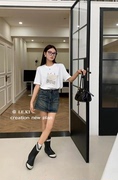 欧货夏季LEKI设计感创意3D印花数码可拆卸链子韩版显瘦短袖上衣女