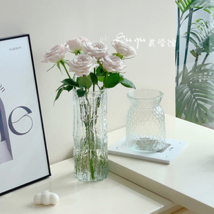 高级感简约创意岩石直筒花瓶，透明玻璃客厅桌面，插鲜花水养装饰摆件