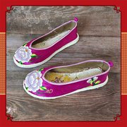 五朵金花新中式云南手工，绣花鞋圆头千层底，平跟紫色缎女布鞋