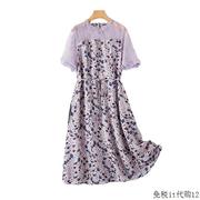 ん紫色碎花连衣裙女夏季气质，法式蕾丝拼接收腰显瘦短袖a字裙