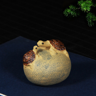 吉羊 宜兴紫砂茶宠雕塑 名家手工功夫茶具摆件 段泥母子龟