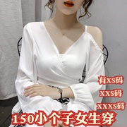 加小码女装春季矮个子150cm显高xxxs短款绑带短款衬衣蕾丝雪纺衫