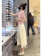 欧洲站夏季甜美小清新茶系穿搭网红气质女神范粉色(范，粉色)上衣半身裙套装