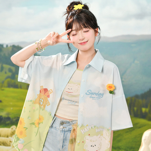 森女部落polo衫印花度假风穿搭短袖花衬衫女2025夏季衬衣外套上衣