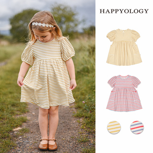 happyology英国女童连衣裙条纹短袖，裙子英伦纯棉儿童，可爱连身裙夏