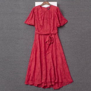 雪纺外贸单春夏女装圆领，荷叶袖腰带红色立体浮雕提花连衣裙