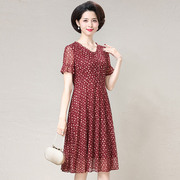 高贵台湾纱妈妈连衣裙，短袖中老年女装夏季大码遮肚洋气，减龄红裙子