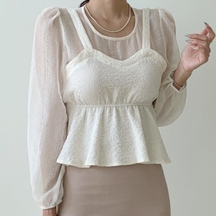 韩国chic夏季减龄复古气质，蕾丝假两件吊带长袖，衬衫洋气雪纺上衣女