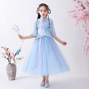 女童装夏季款中国民族，风短袖唐装，汉服中大童长裙儿童雪纺连衣裙