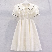 女童白色连衣裙夏款小香风大童蕾丝娃娃领薄款法式泡泡袖雪纺裙子