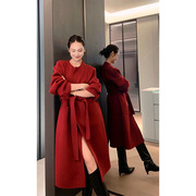 美洋meiyang好运羊绒，大衣极简圆领中长款红色，双面呢外套