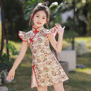 儿童旗袍夏季中国风，国潮改良唐装女童，高端晚礼服大童走秀复古裙子