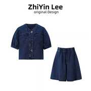 ZhiYin复古牛仔泡泡袖短袖衬衫两件套装24春夏女高腰短裙裤子
