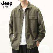 jeep吉普长袖衬衫男士，春季潮牌翻领工装衬衣，纯色休闲夹克外套男装