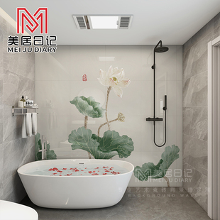 新中式卫生间马桶浴室古典手绘荷花壁画，艺术瓷砖画背景墙墙砖岩板
