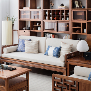 溪木工坊新中式沙发实木老榆木，禅意布艺木质沙发，茶几中式客厅家具