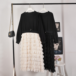 秋冬法式小香风黑色雪纺蛋糕裙韩版过膝长款拼接假两件高腰连衣裙