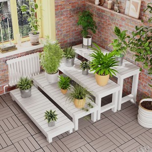 阶梯花架实木梯形单个多层落地式脚踏花凳阳台庭院防腐白色花盆架