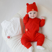 新生儿春秋纯棉哈衣婴儿满月周岁百天大红色连体衣，宝宝长袖爬服白