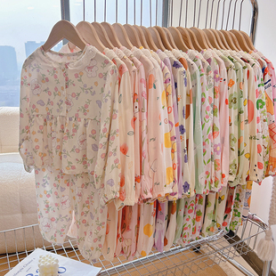 夏季儿童绵绸套装男童女童人造棉，长袖家居服凉快舒服空调睡衣碎花
