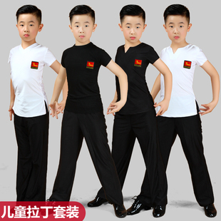 男童男孩拉丁舞蹈服装套装，少儿儿童男练功男生，训练练功服夏季短袖