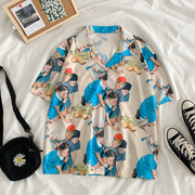 港味bf风衬衫女半袖学生夏季韩版设计感印花复古上衣短袖衬衣