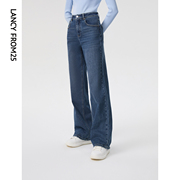 朗姿棉质复古直筒气质高腰显瘦时尚长裤子女2023春蓝色牛仔裤