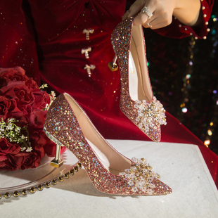 红色婚鞋女秋冬2024年订婚新娘，鞋法式亮片，高跟鞋禾秀婚纱两穿