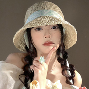 花朵绑带编织草帽女夏季法式镂空遮阳防晒帽海边沙滩度假太阳帽子