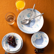 日本进口舍米蓝瓷器餐具套装雪花釉海洋物语大鱼碗碟礼盒三件套
